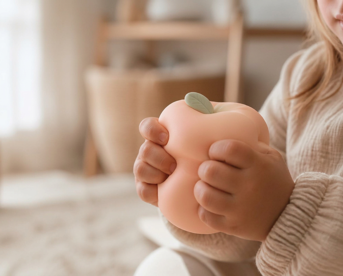 A child gently squeezing a pastel peach squishy toy